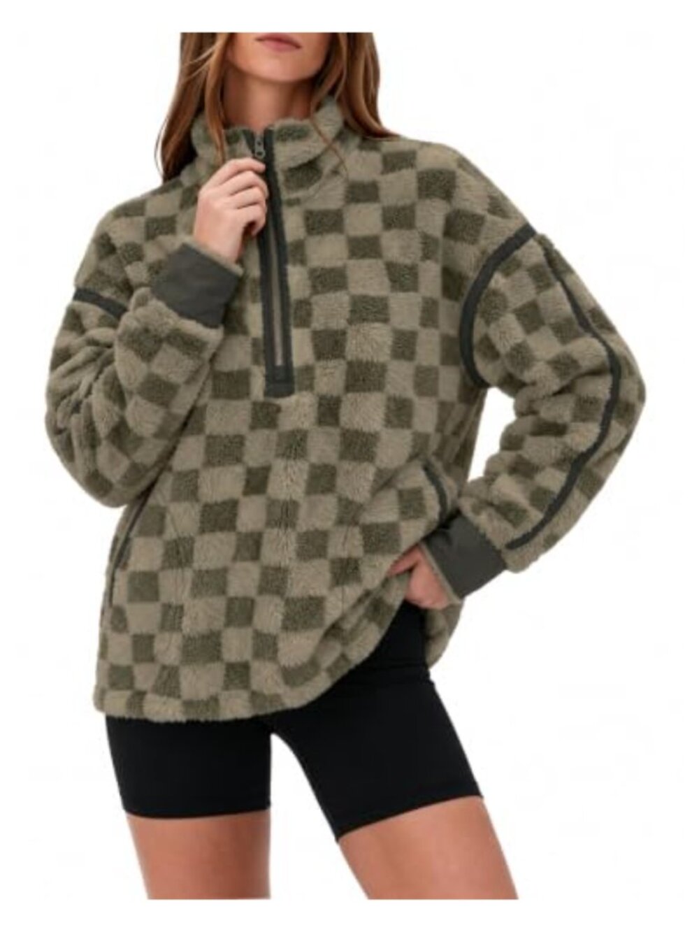 Sherpa Fleece Zip Pullover Checkerboard Half Zip Stand Collar Cozy